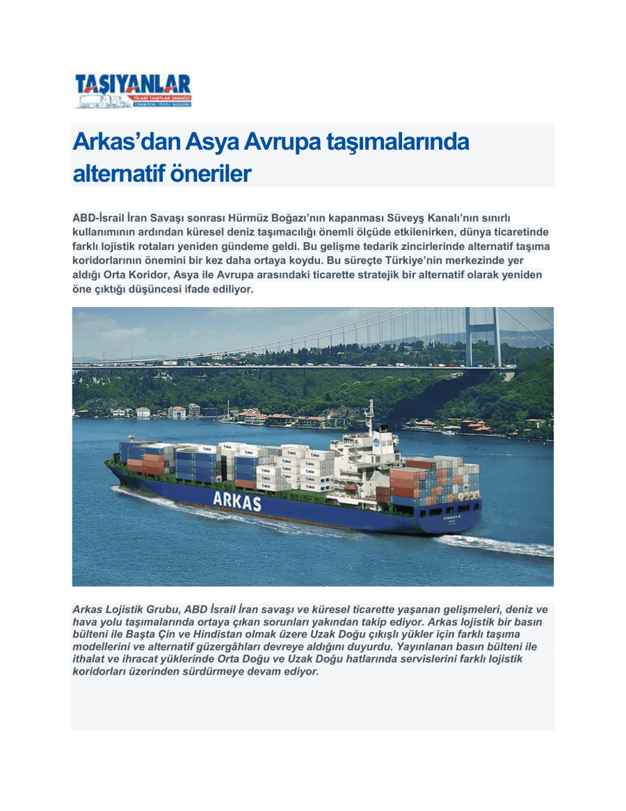 Arkas’dan Asya Avrupa Taşımalarında Alternatif Öneriler