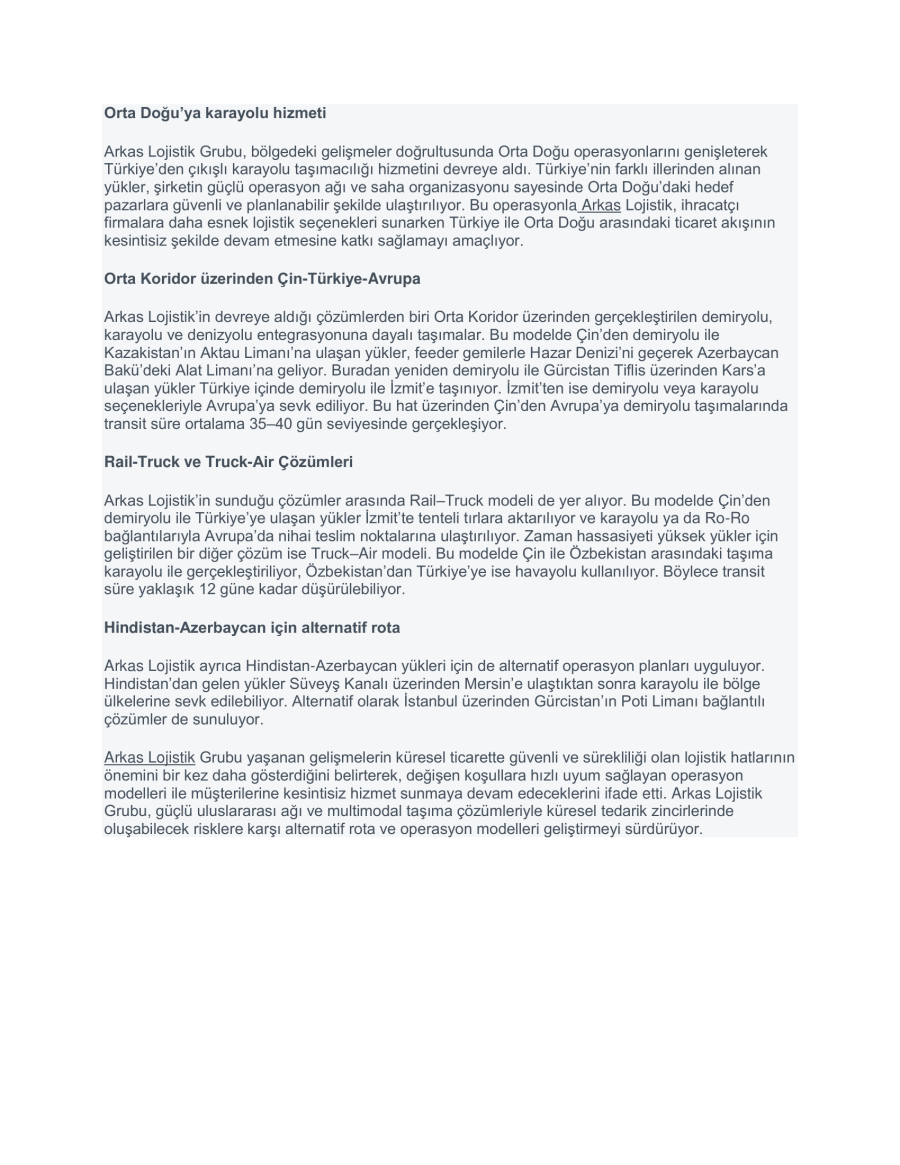 Arkas’dan Asya Avrupa Taşımalarında Alternatif Öneriler