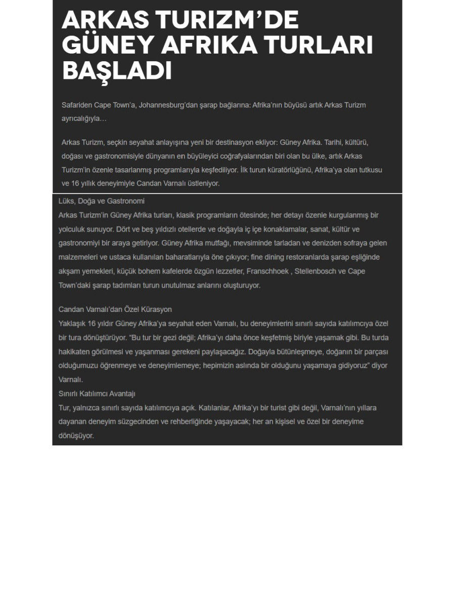 Arkas Turizm'de Güney Afrika Turları Başladı