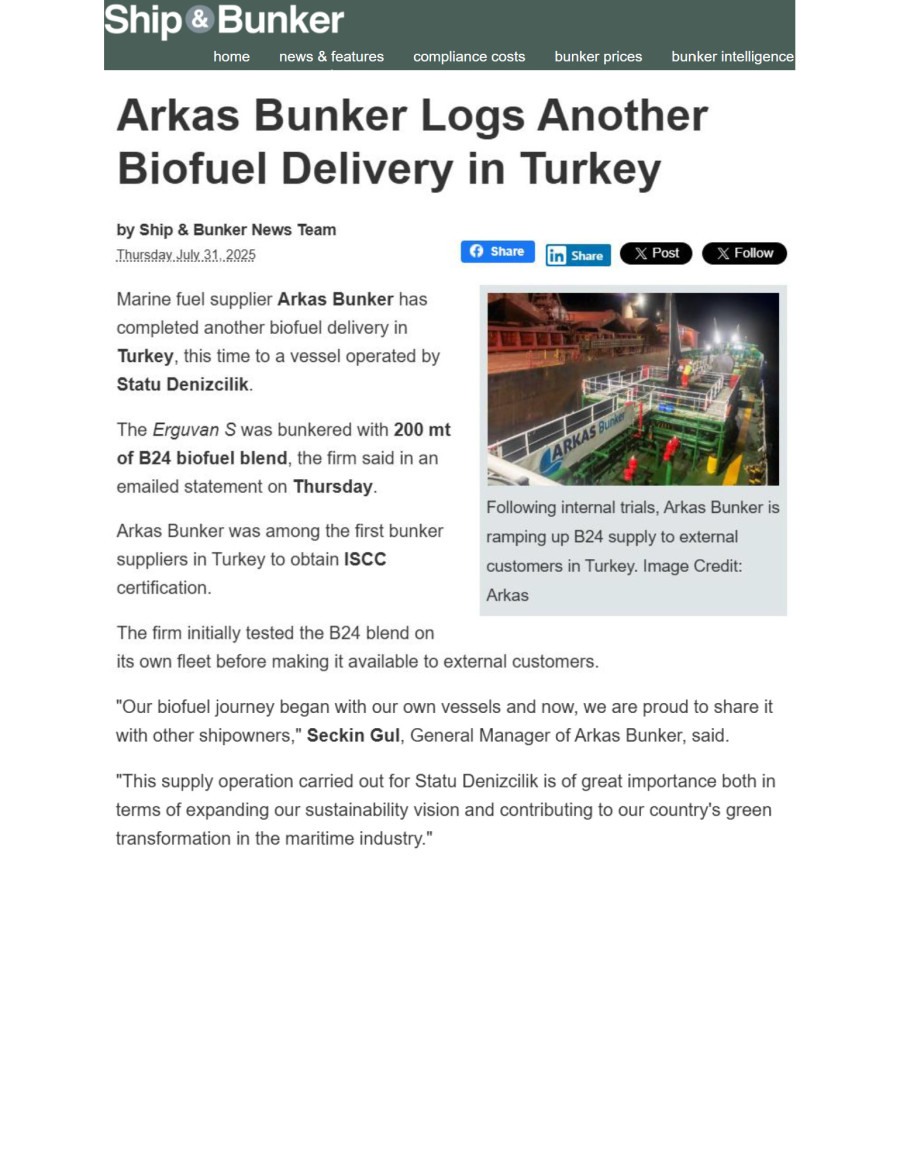 Arkas Bunker Logs Another Biofuel Delivery In Turkey