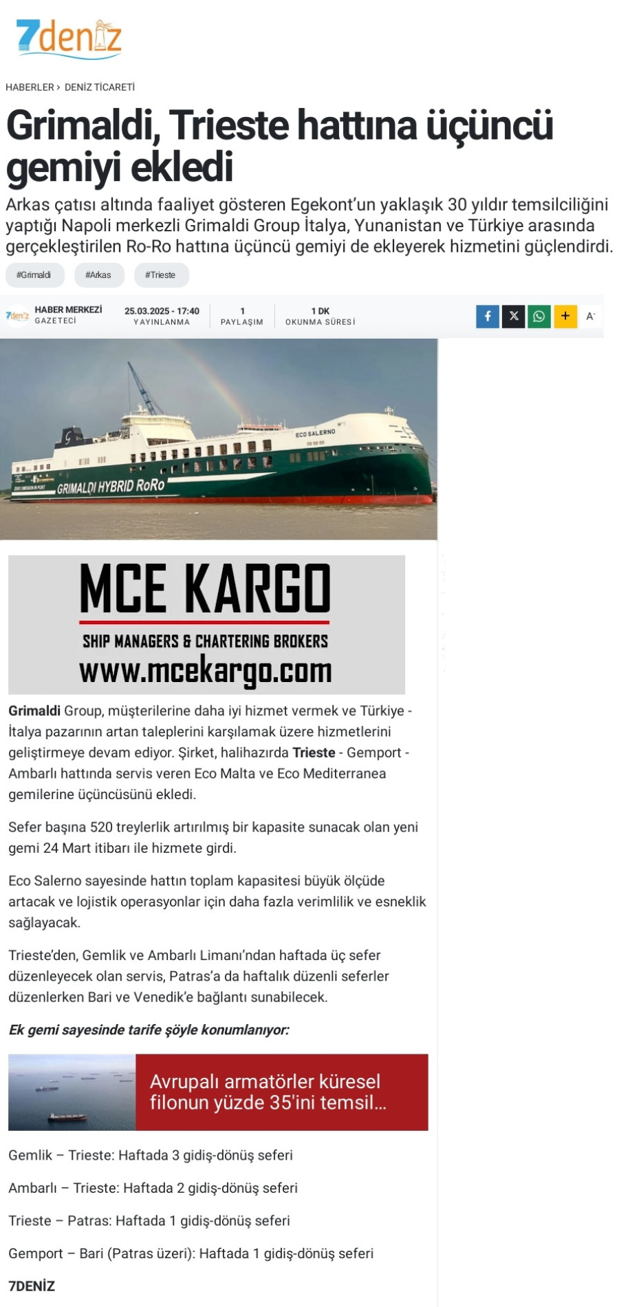 Grimaldi Group, Trieste hattına üçüncü gemiyi ekledi