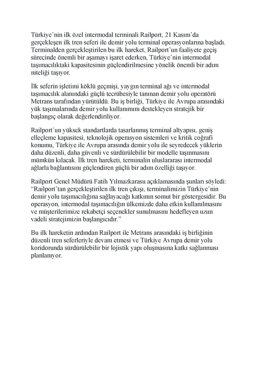 Railport’tan İlk Tren Çıkışı Gerçekleşti