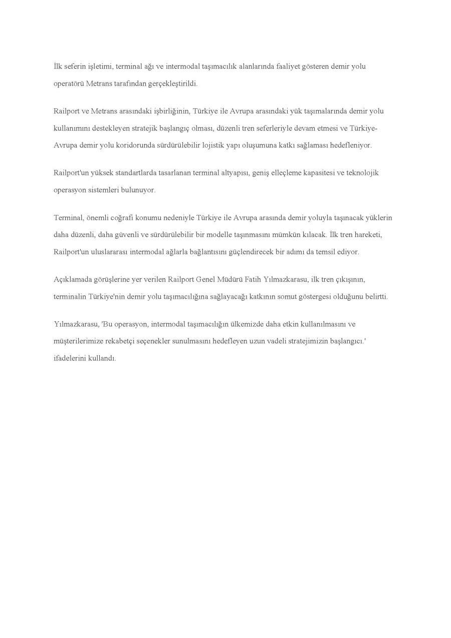 İntermoda Terminal Railport'tan İlk Tren Çıkışı Gerçekleşti
