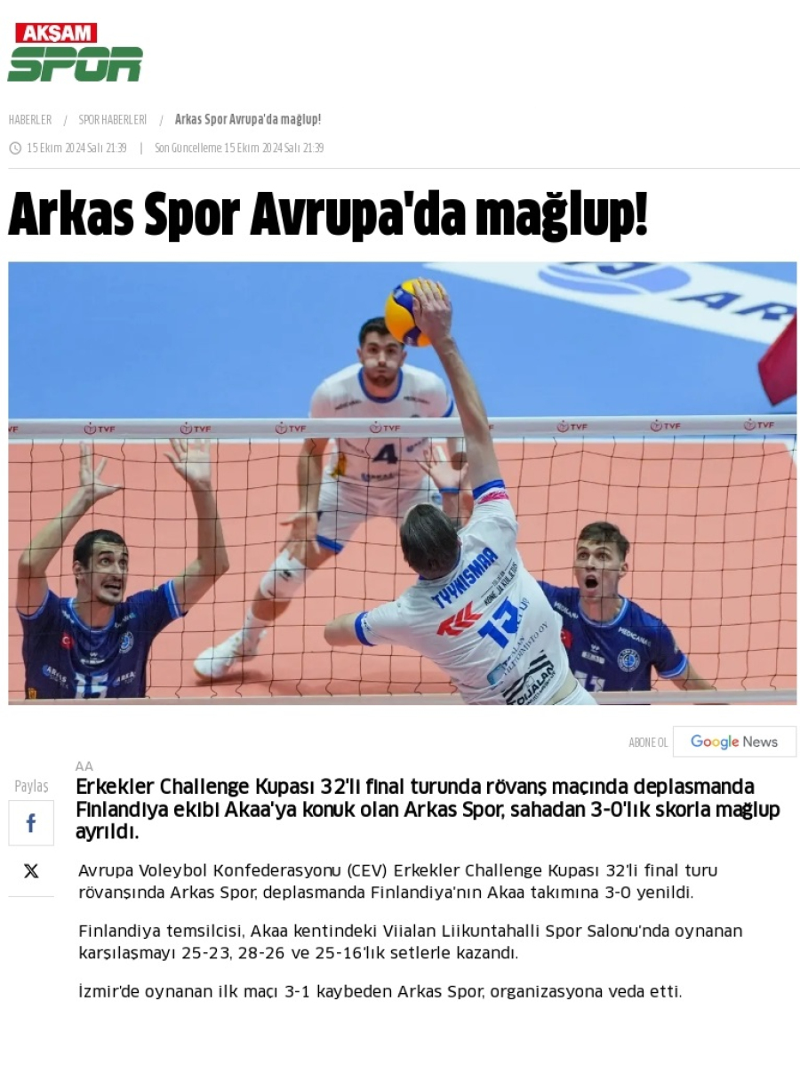 Arkas Spor Avrupa'da mağlup!