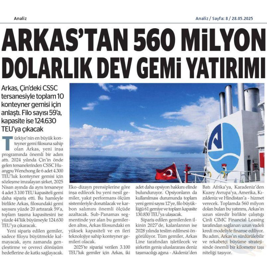 Arkas'tan 560 Milyon Dolarlık Dev Gemi Yatırımı