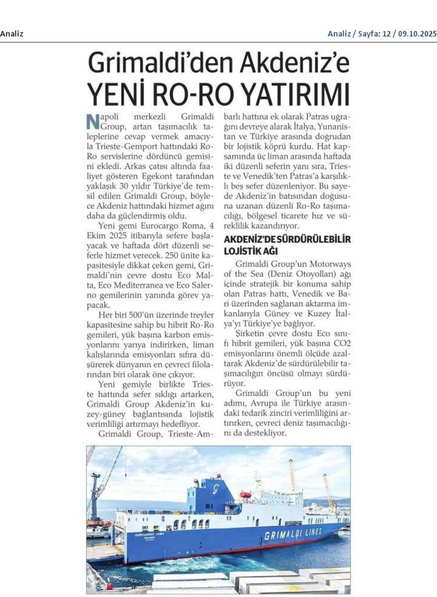 Grimaldi'den Akdeniz'e Yeni Ro-Ro Yatırımı