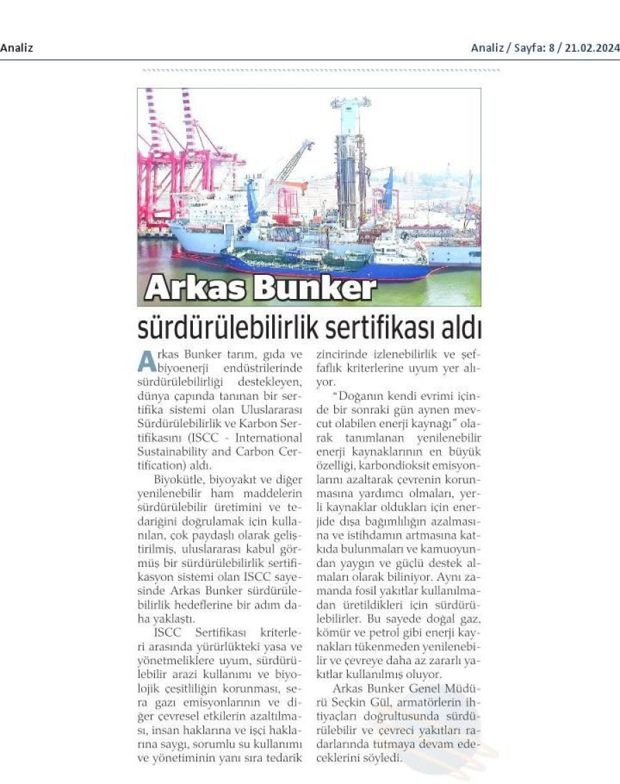 Arkas Bunker sürdürülebilirlik sertifikası aldı