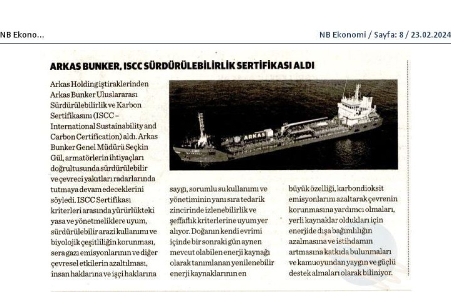 Arkas Bunker, ISSCC Sürdürülebilirlik Sertifikası aldı