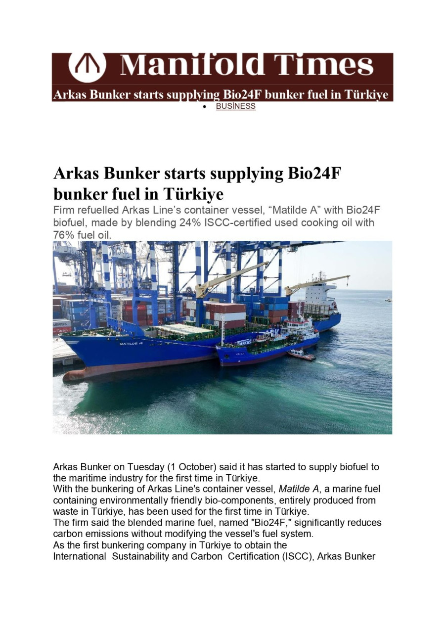 Arkas Bunker Starts Supplying Bio 24F Bunker Fuel In Türkiye  