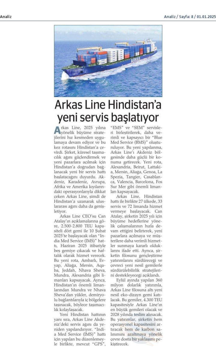 Arkas Line Hindistan'a yeni servis başlatıyor 