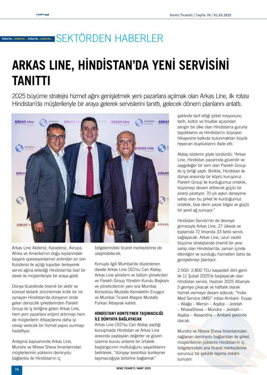 Arkas Line, Hindistan'da yeni servisini tanıttı 