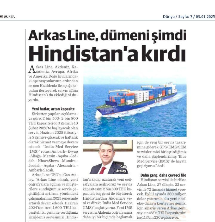 Arkas Line dümeni şimdi Hindistan'a kırdı