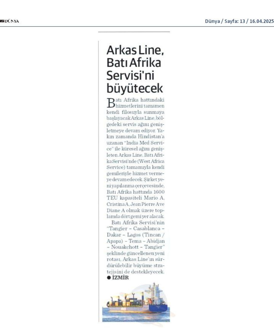 Arkas Line Batı Afrika Servisi'ni Büyütücek 