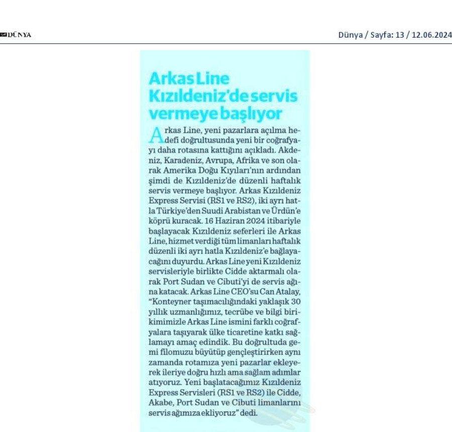 Arkas Line Kızıldeniz'de servis vermeye başlıyor