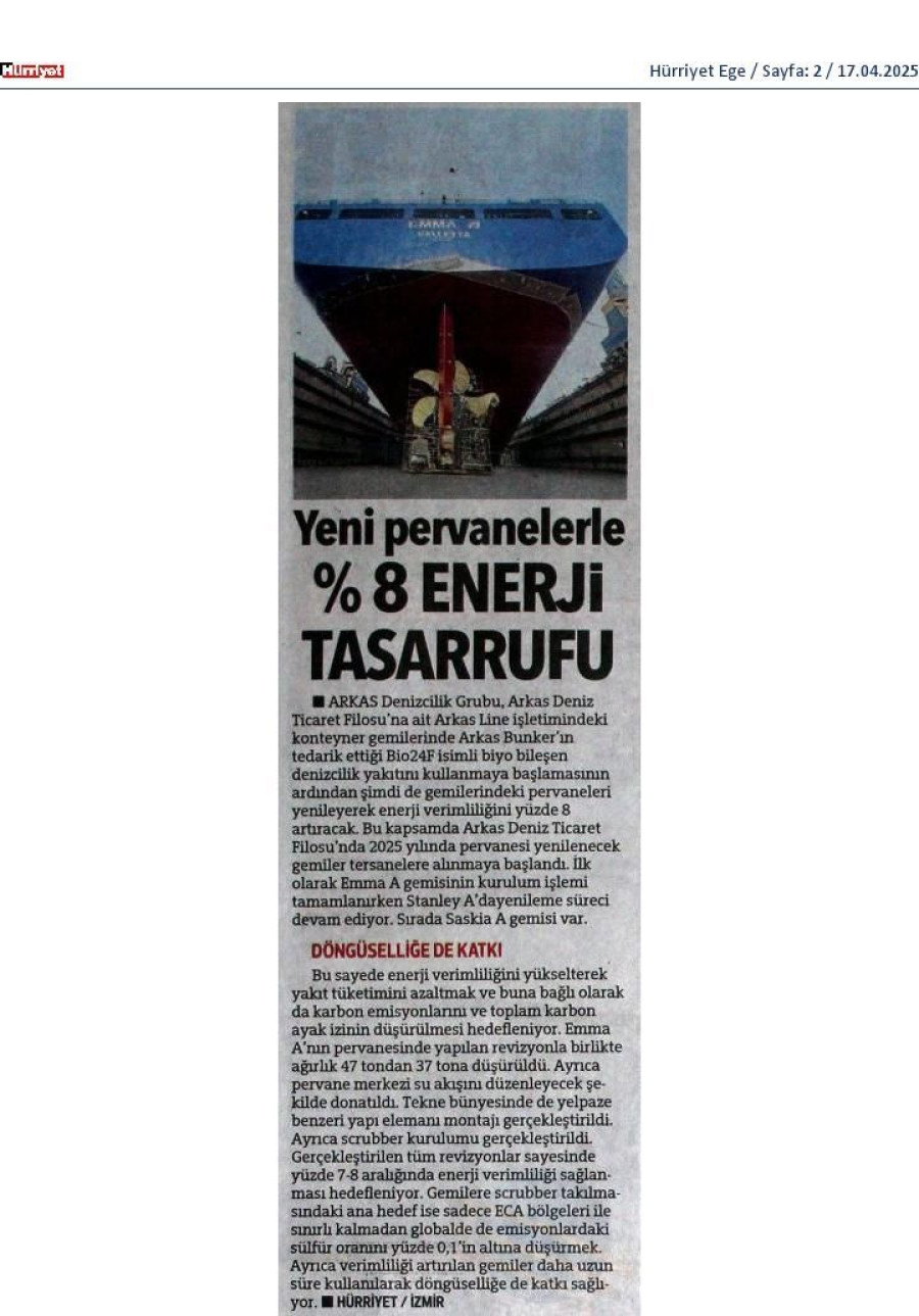 Yeni Pervanelerle %8 Tasarrufu
