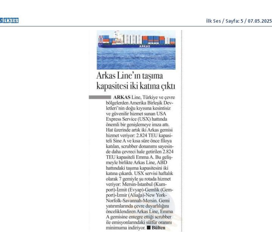 Arkas Line'ın Taşıma Kapasitesi İki Katına Çıktı 