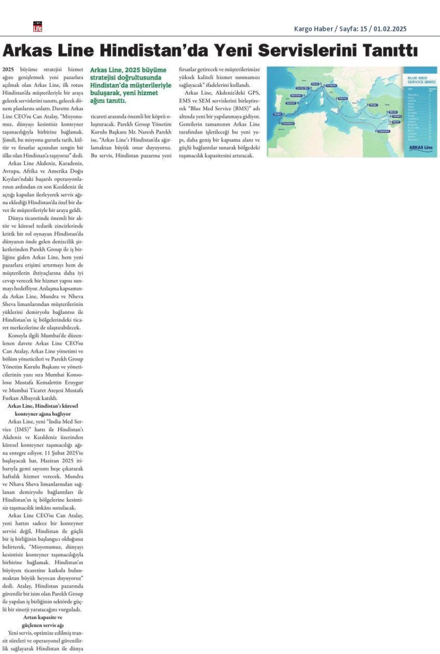 Arkas Line Hindistan'da yeni servislerini tanıttı