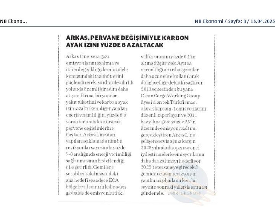 Arkas Pervane Değişimiyle Karbon Ayak İzini Yüzde 8 Azaltıcak 