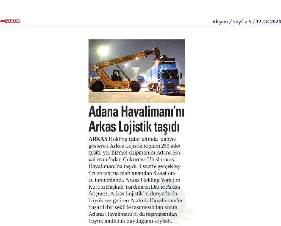 Adana Havalimanı'nı Arkas Lojistik taşıdı