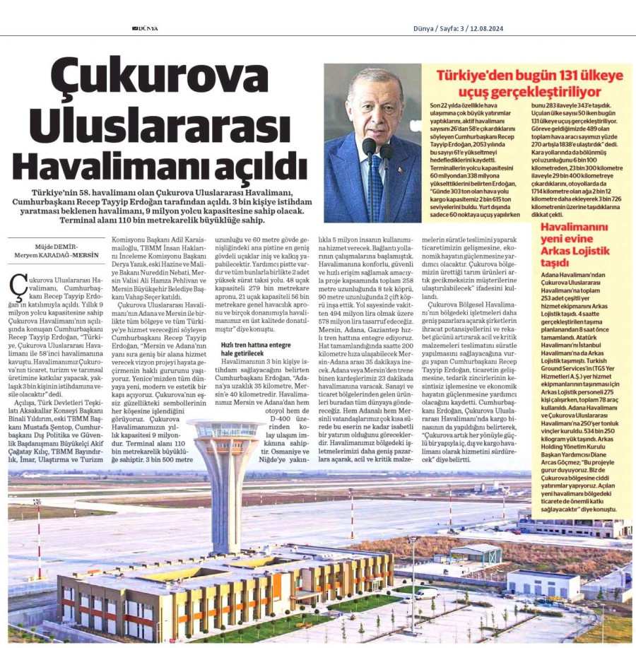 Çukurova Uluslararası Havalimanı açıldı