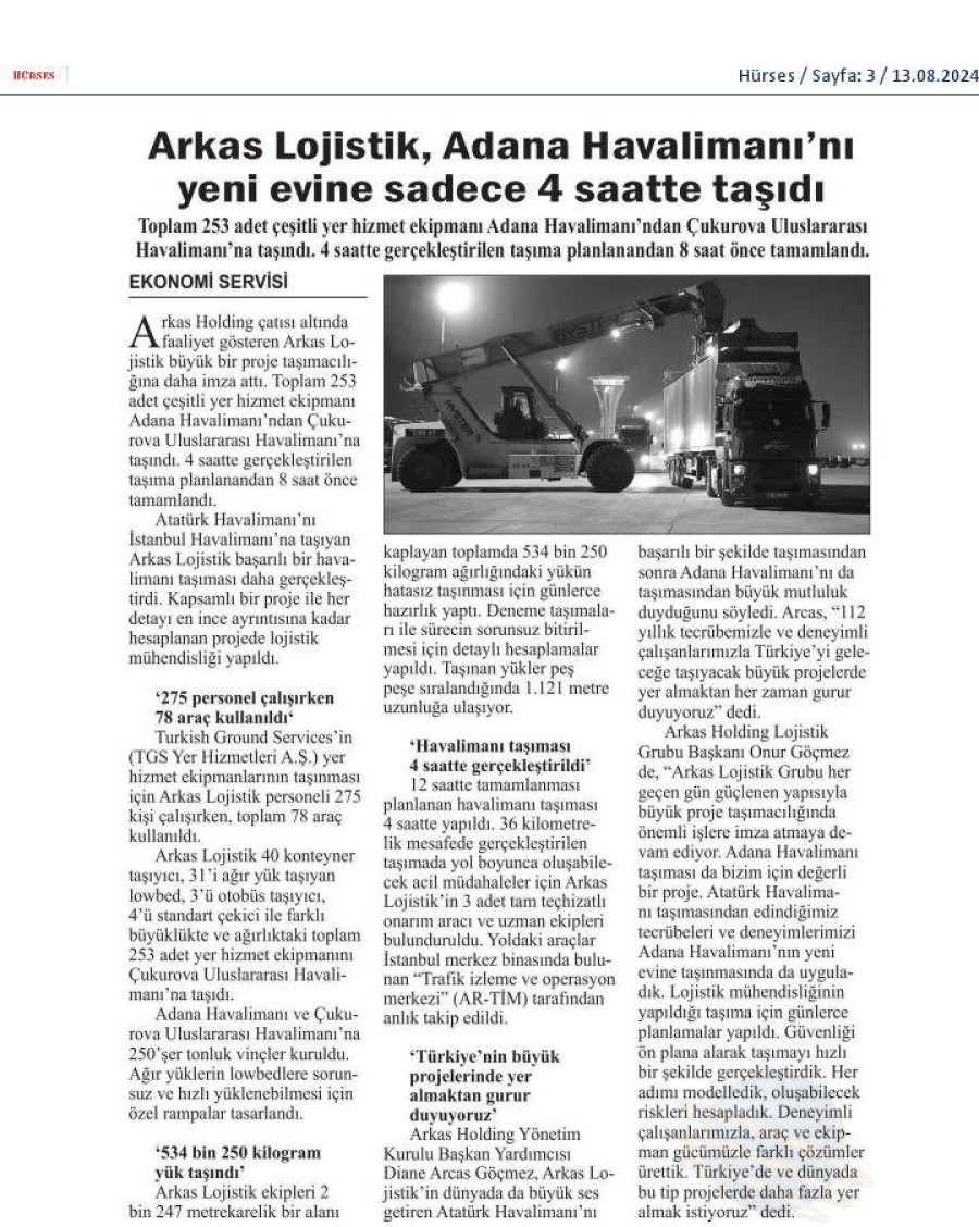 Arkas Lojistik, Adana Havalimanı'nı yeni evine sadece 4 saatte taşıdı