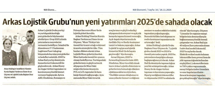 Arkas Lojistik Grubu'nun yatırımları 2025'te sahada olacak 
