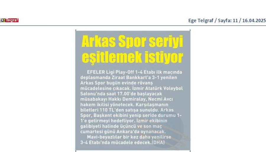 Arkas Spor Seriyi Eşitlemek İstiyor