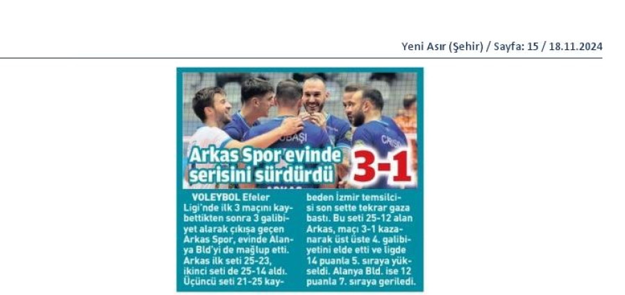 Arkas Spor evinde serisini sürdürdü 3-1