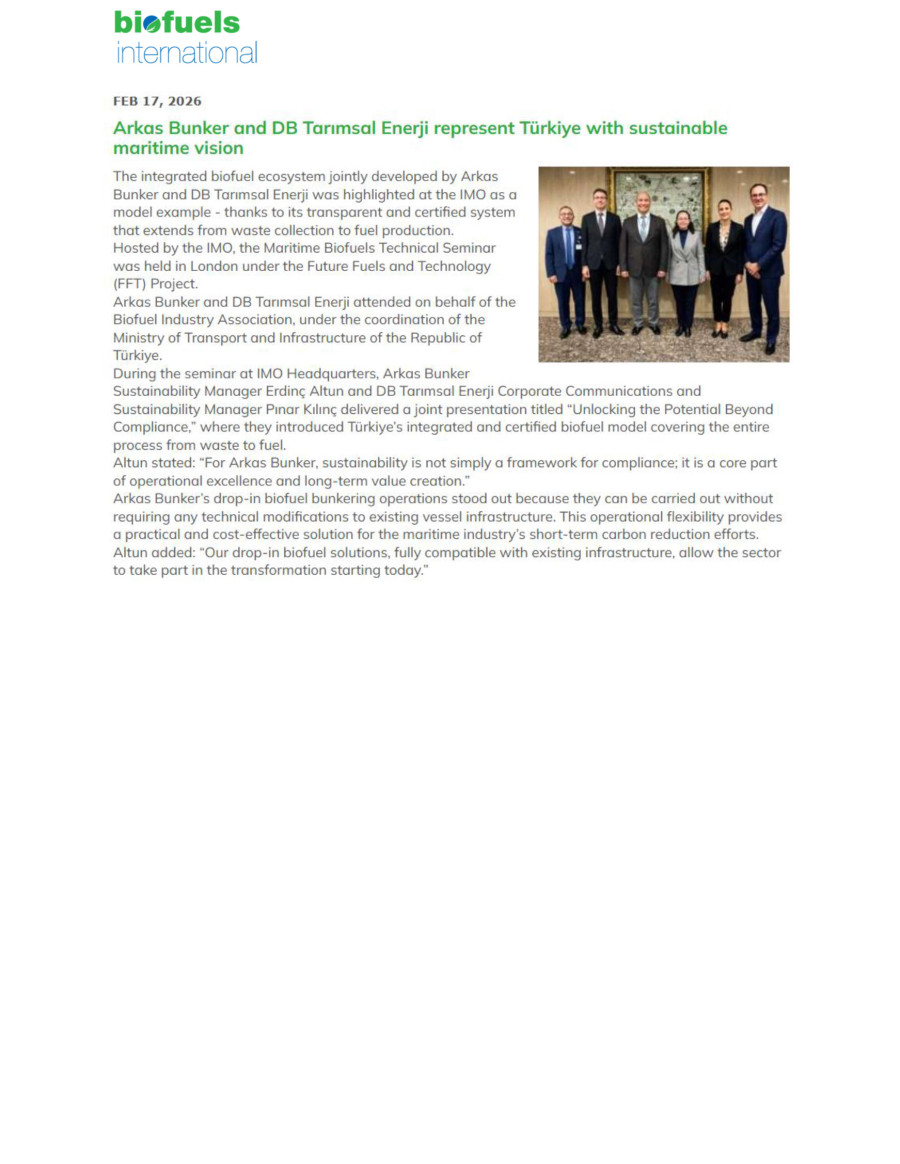 Arkas Bunker and DB Tarımsal Enerji Represent Türkiye With Sustainable Maritime Vision