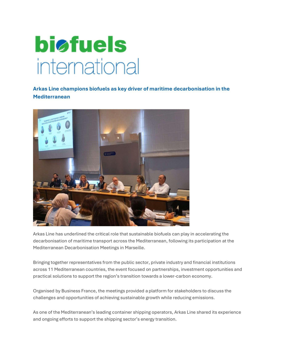 Arkas Line Champions Biofuels as Key Driver of Maritime Decarbonisation in the Mediterranean 