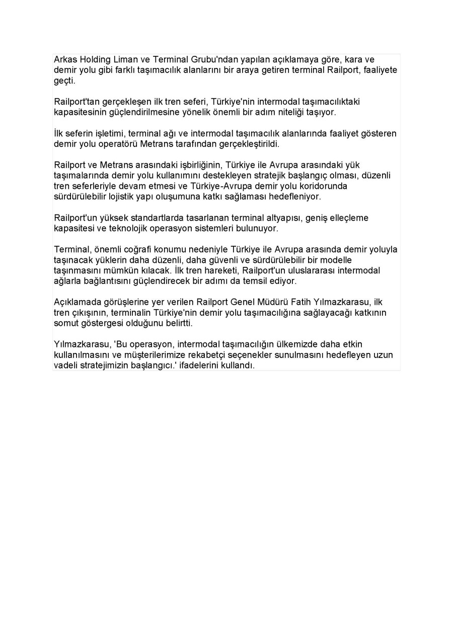 İntermodal Terminal Railport'tan İlk Tren Çıkışı Gerçekleşti