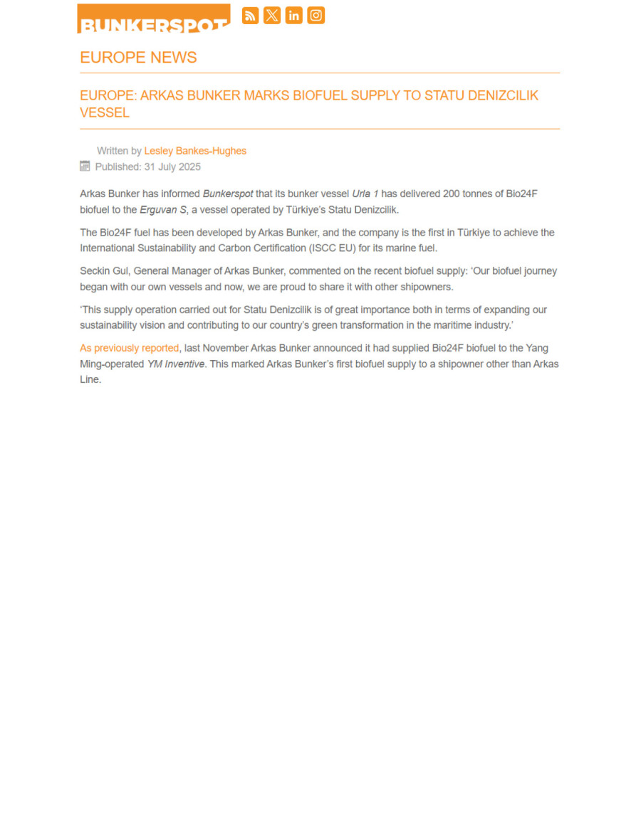 Arkas Bunker Marks Biofuel Supply To Statu Denizcilik Vessel