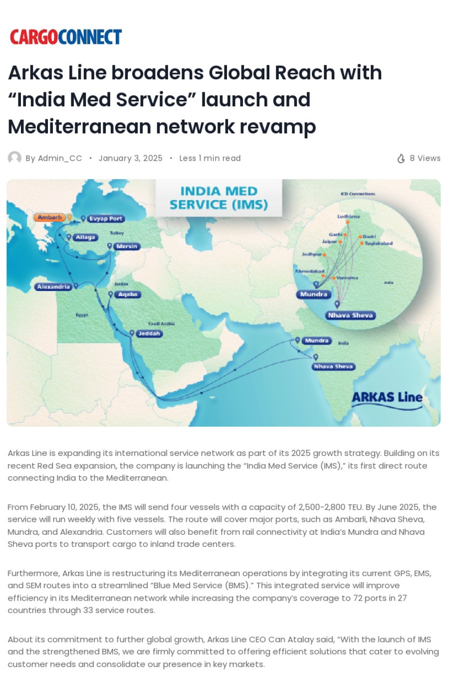 Arkas Line broadens Global Reach with “India Med Service” launch and Mediterranean network revamp