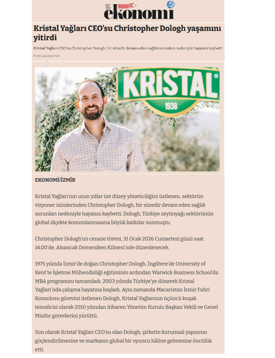 Kristal Yağları CEO’su Christopher Dologh Yaşamını Yitirdi
