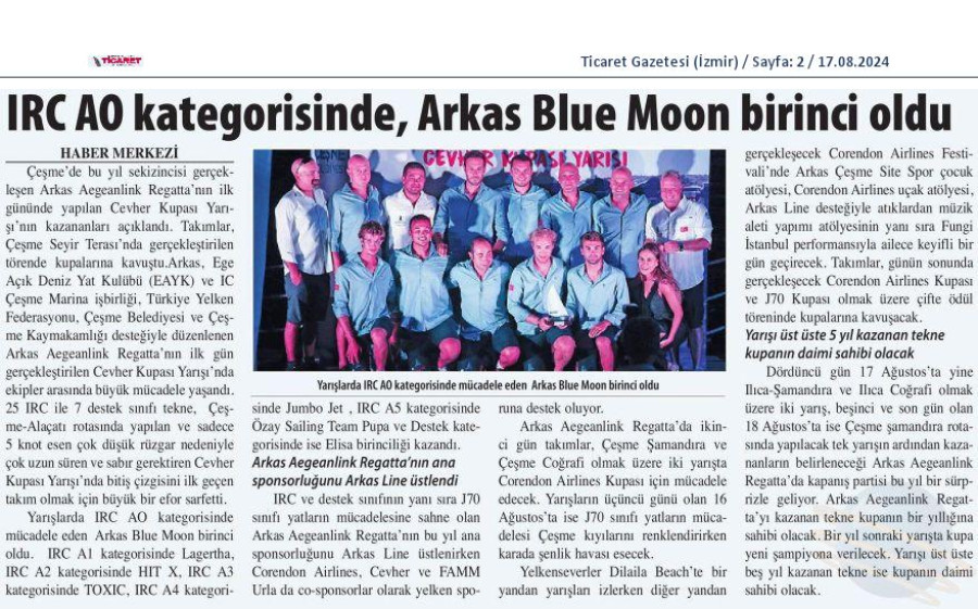 IRC A0 kategorisinde, Arkas Blue Moon birinci oldu