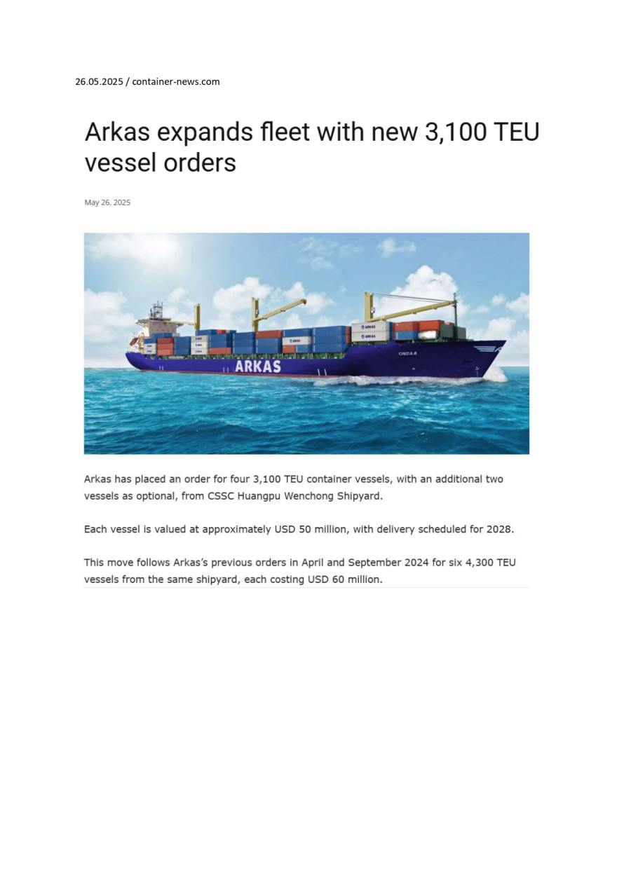 Arkas Expands Fleet With New 3,100 TEU Vessel Orders cont