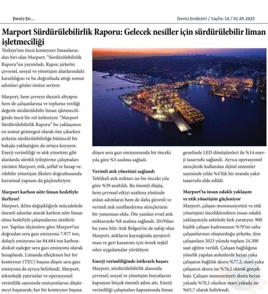 Marport Sürdürülebilirlik Raporu: Gelecek Nesiller İçin Sürdürülebilir Liman İşletmeciliği