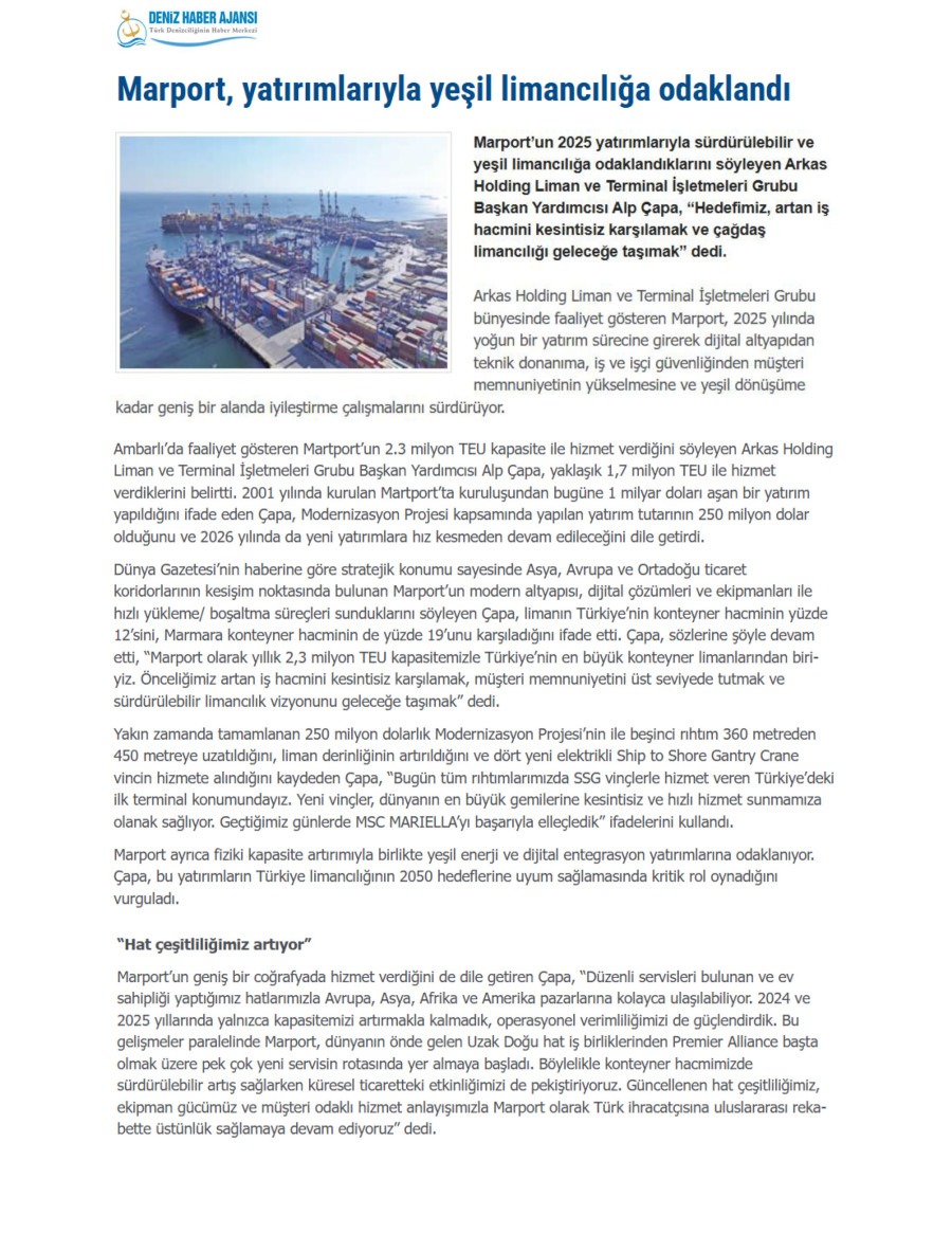Marport, Yatırımlarıyla Yeşil Limancılığa Odaklandı
