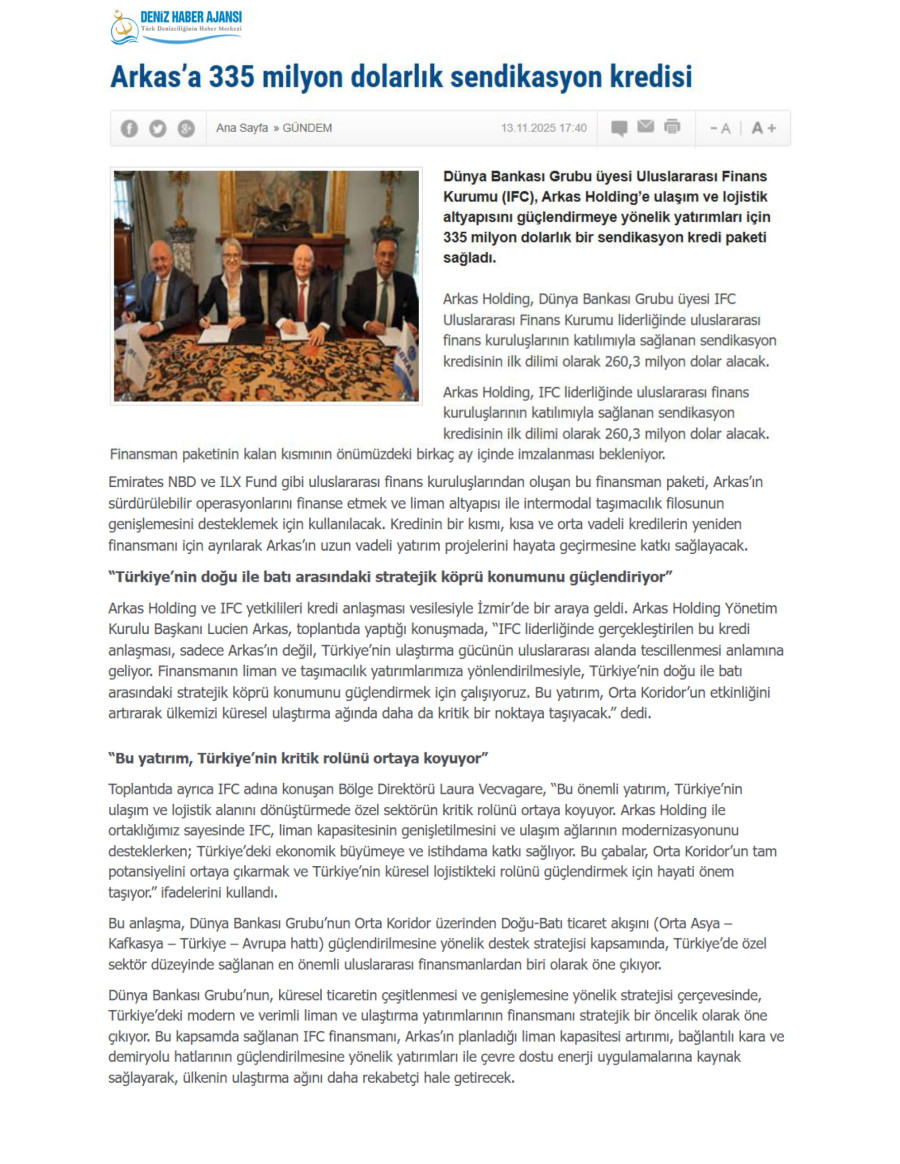 Arkas’a 335 Milyon Dolarlık Sendikasyon Kredisi