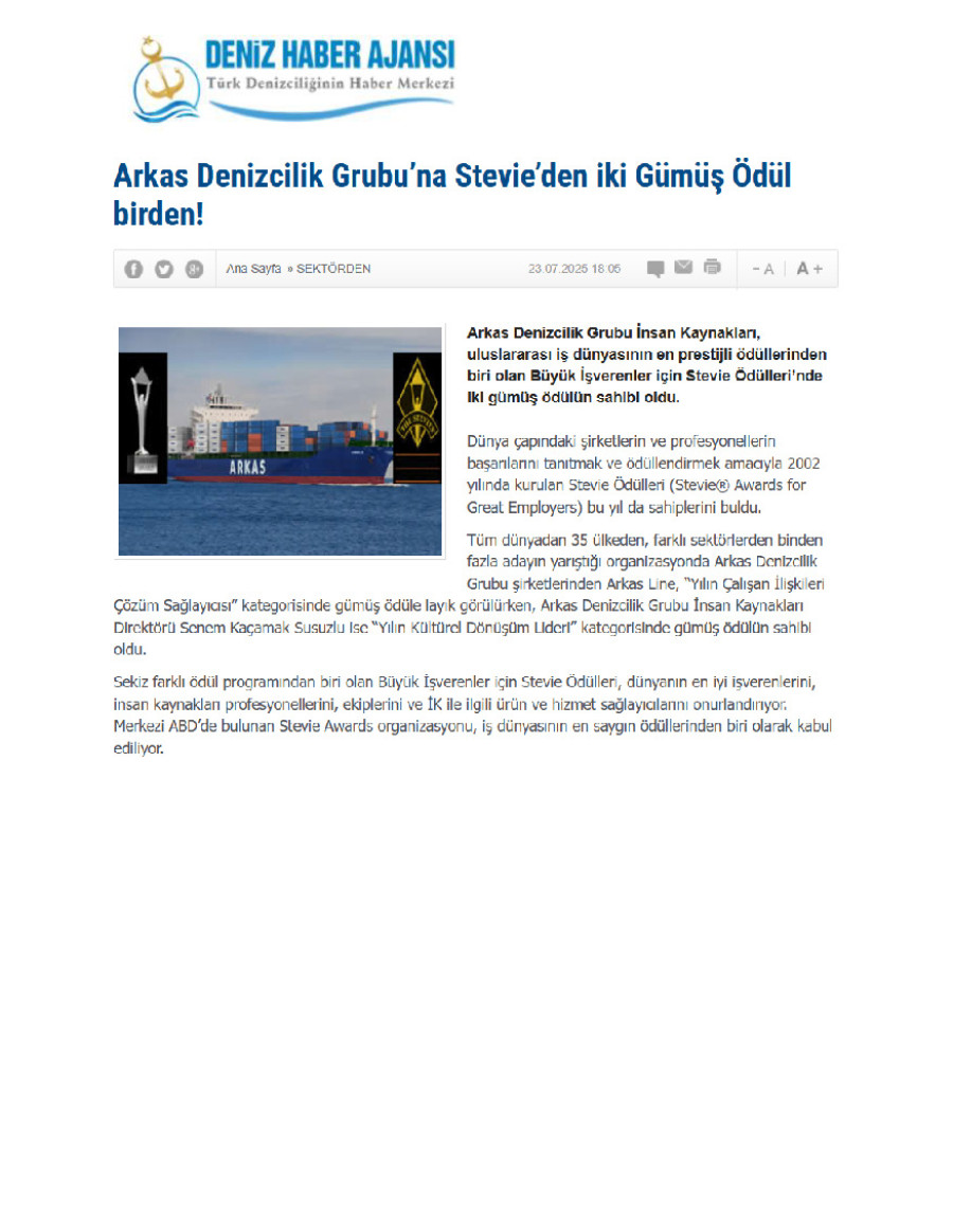 Arkas Denizcilik Grubu’na Stevie’den İki Gümüş Ödül Birden