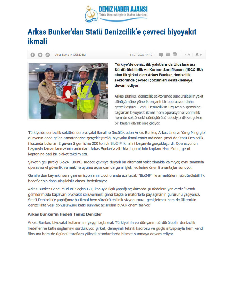 Arkas Bunker’dan Statü Denizcilik’e Çevreci Biyoyakıt İkmali
