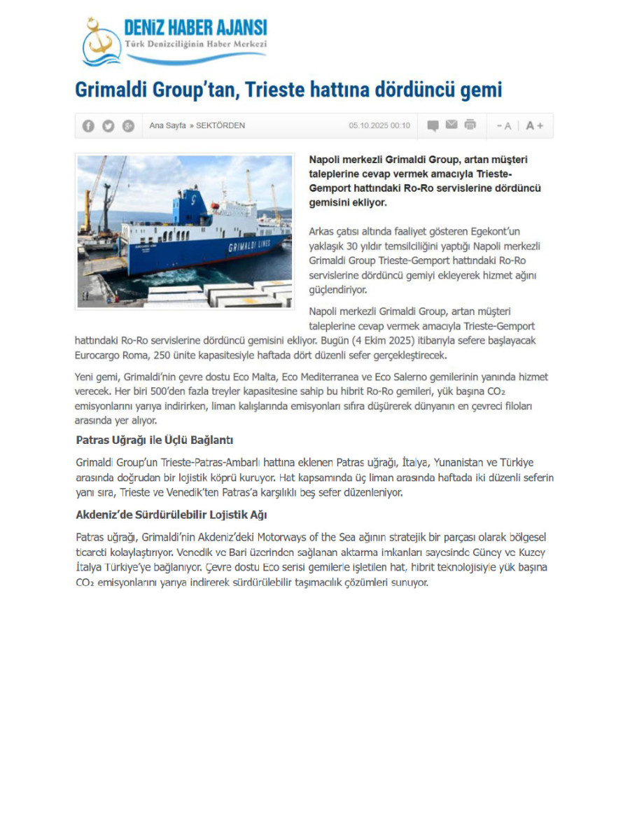Grimaldi Group’tan, Trieste Hattına Dördüncü Gemi