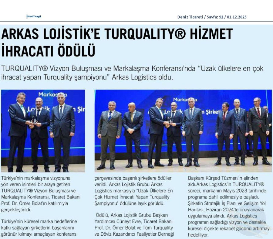 Arkas Lojistik’e Turquality Hizmet İhracatı Ödülü