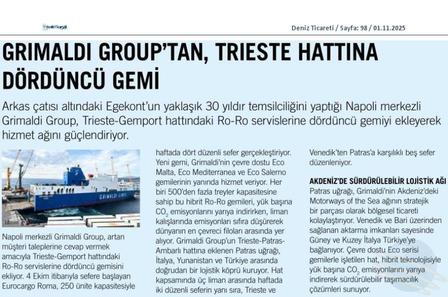 Grimaldi Group'tan Trieste Hattına Dördüncü Gemi
