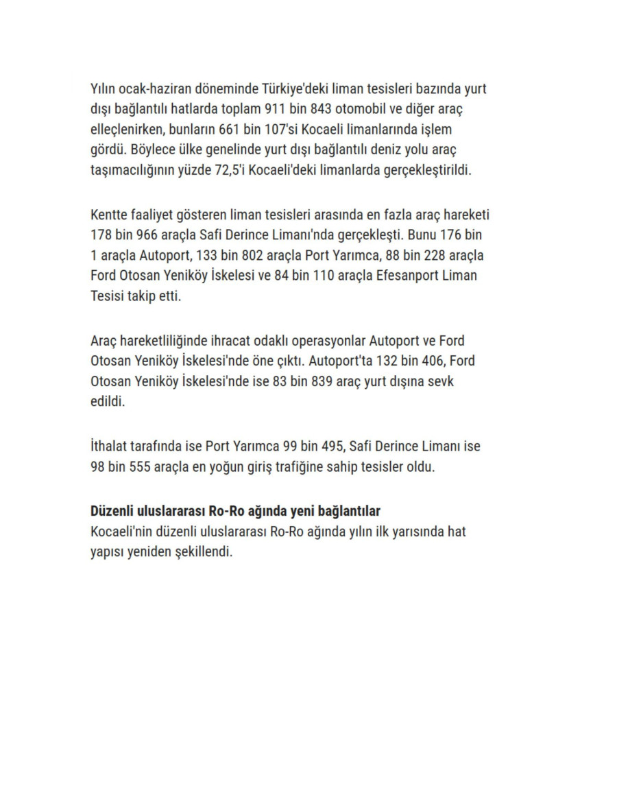 Kocaeli,Uluslarası Deniz Yolu Araç Taşımacılığının Merkezi Olmayı Sürdürdü