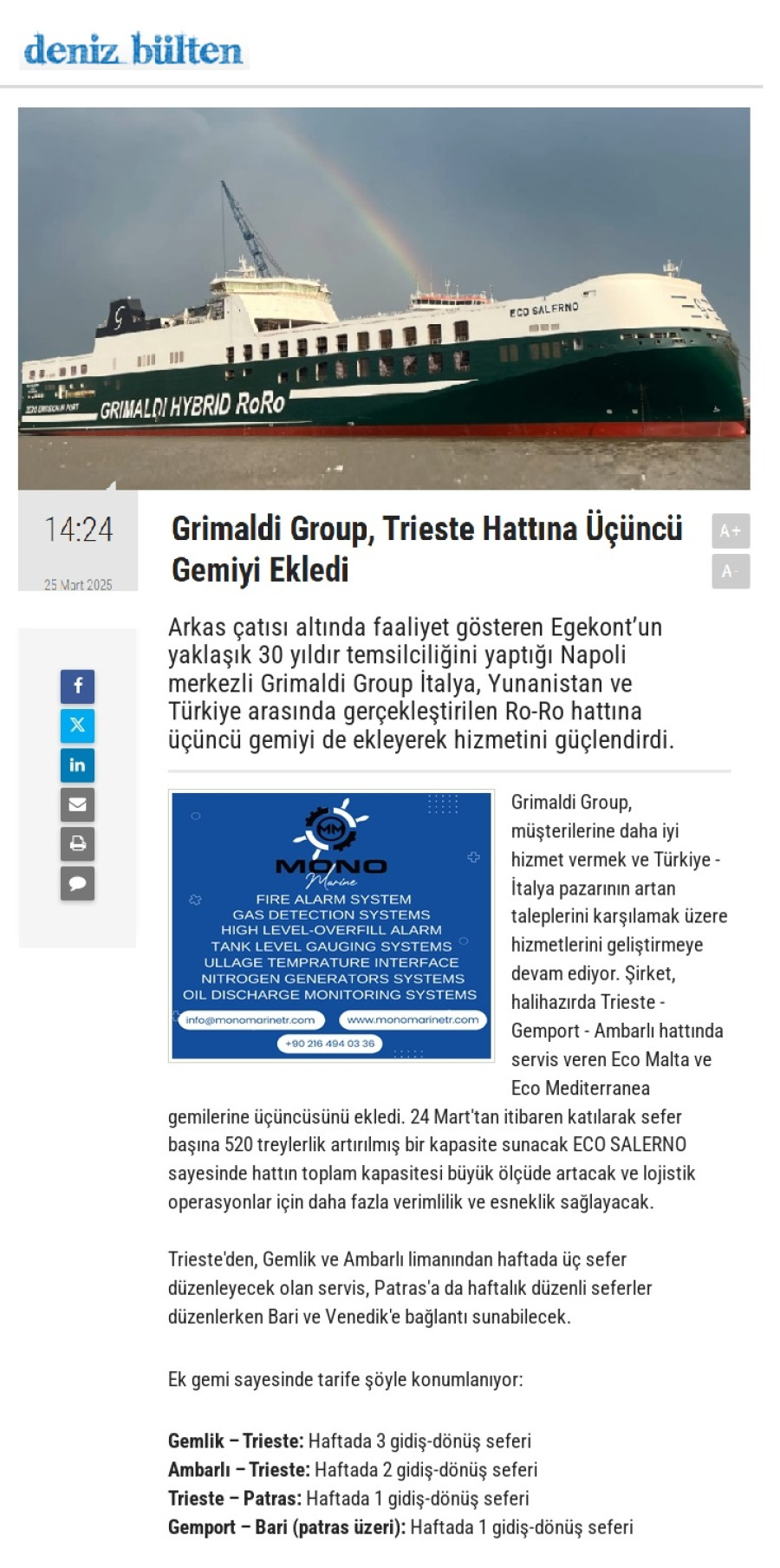 Grimaldi Group, Trieste hattına üçüncü gemiyi ekledi 