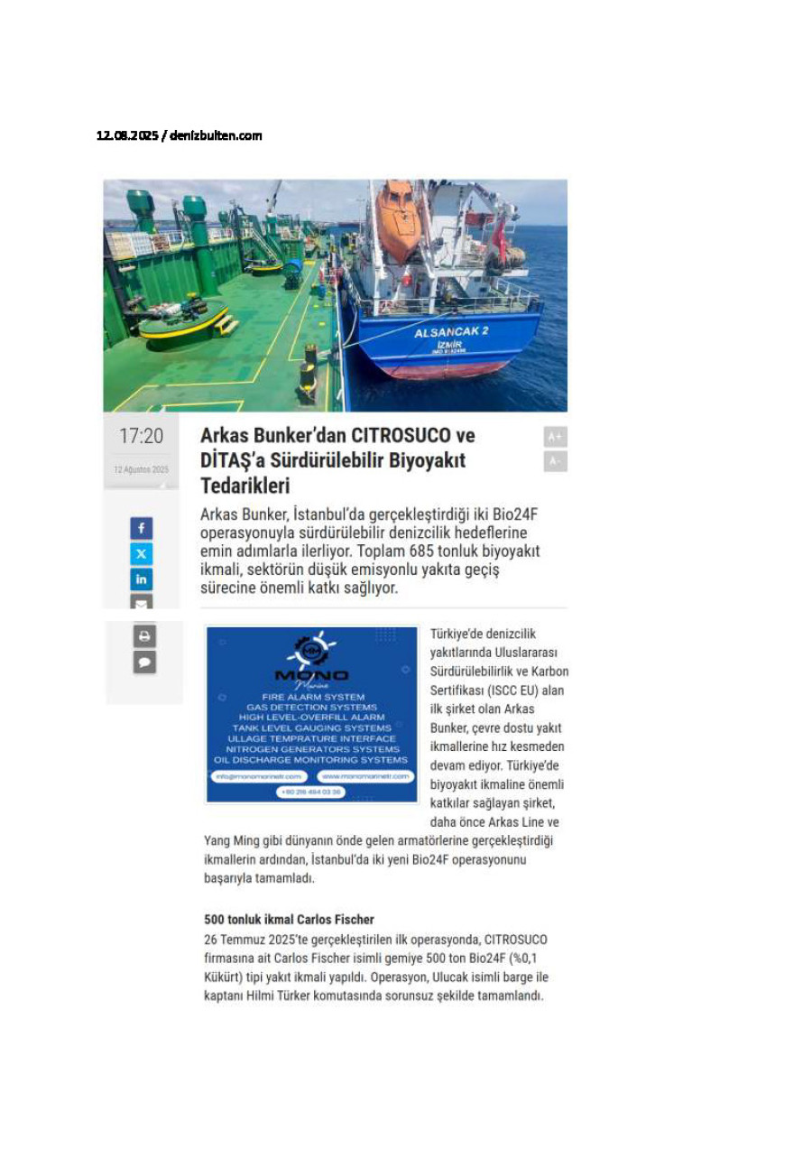 Arkas Bunker’dan Citrosuco Ve Ditaş’a Sürdürülebilir Biyoyakıt Tedarikleri