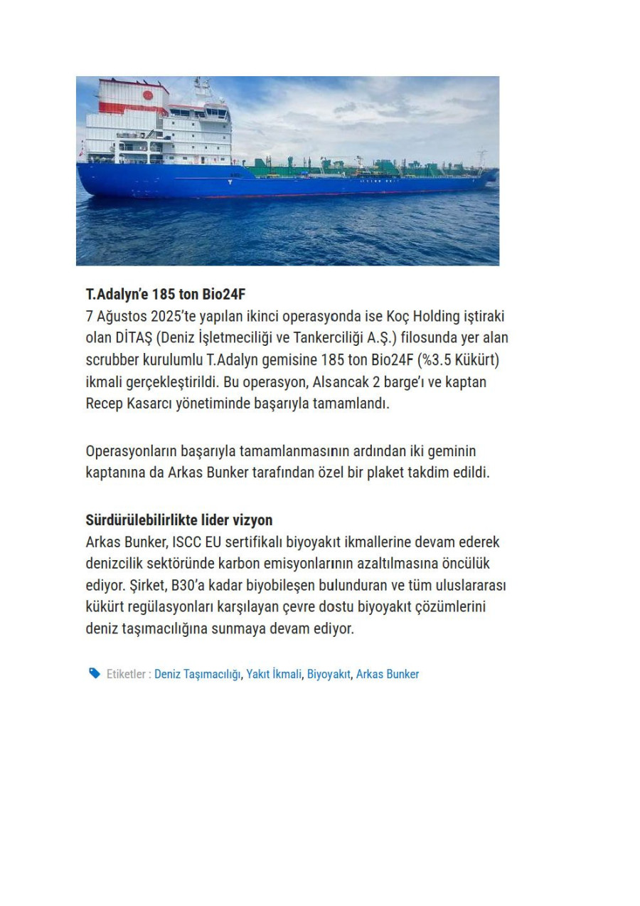Arkas Bunker’dan Citrosuco Ve Ditaş’a Sürdürülebilir Biyoyakıt Tedarikleri