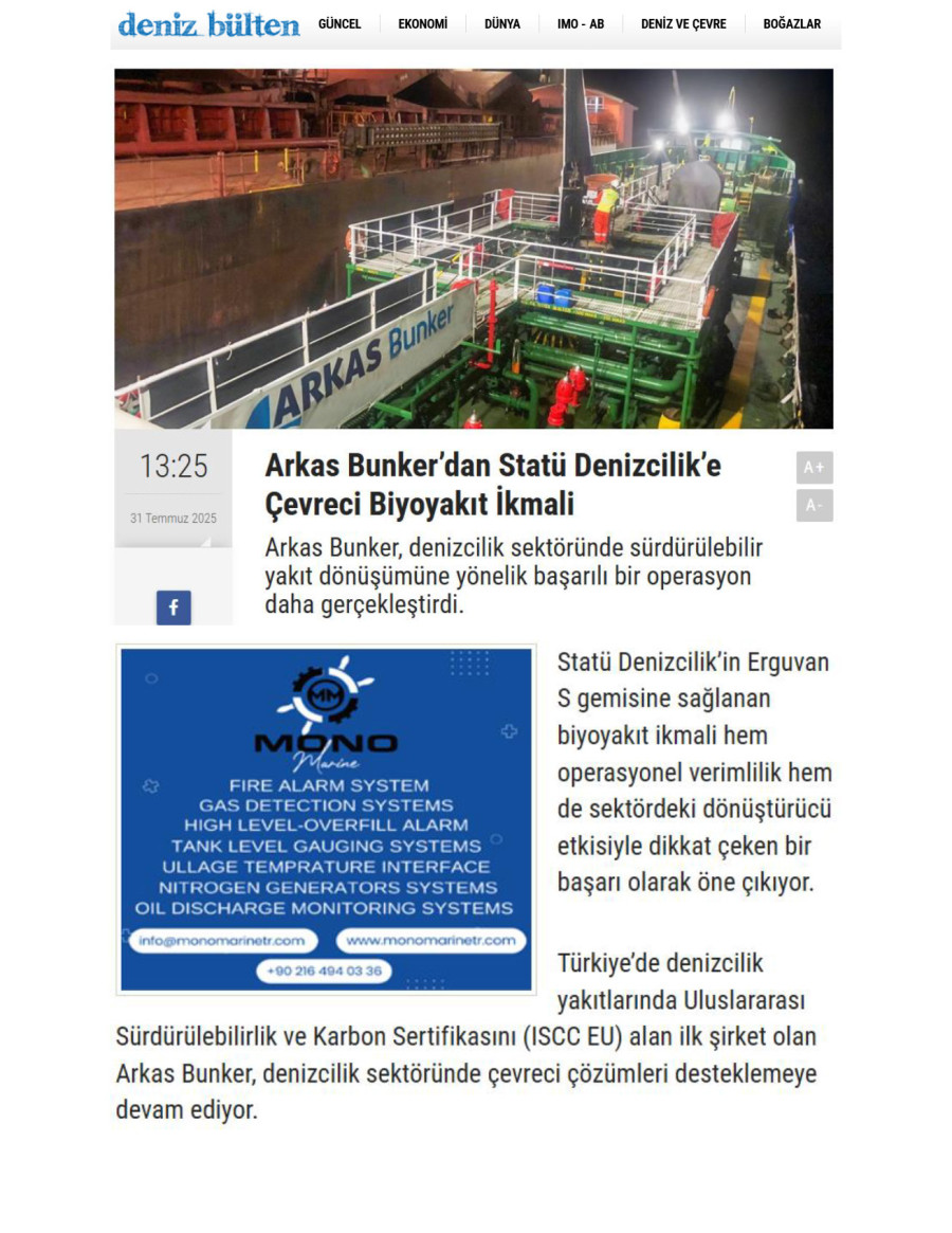 Arkas Bunker'dan Statü Denizcilik'e Çevreci Biyoyakıt İkmali