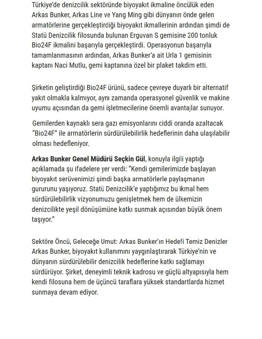 Arkas Bunker'dan Statü Denizcilik'e Çevreci Biyoyakıt İkmali